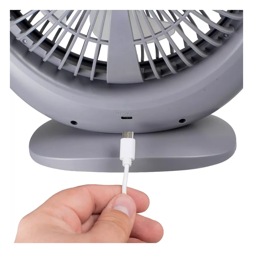 Ladattava LED-pöytätuuletin LED-valaistuksella LED/2,8W/5V USB 2400 mAh harmaa