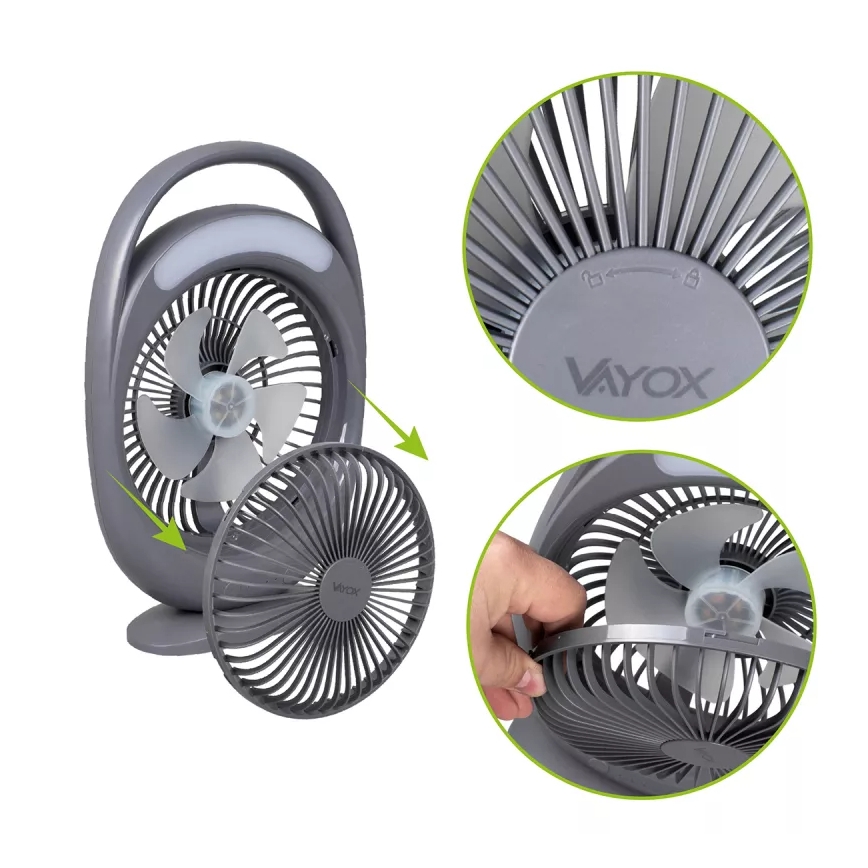 Ladattava LED-pöytätuuletin LED-valaistuksella LED/2,8W/5V USB 2400 mAh harmaa