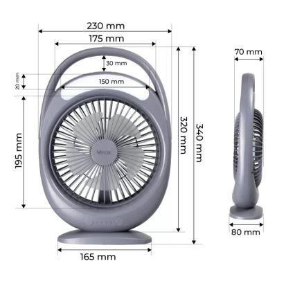 Ladattava LED-pöytätuuletin LED-valaistuksella LED/2,8W/5V USB 2400 mAh harmaa