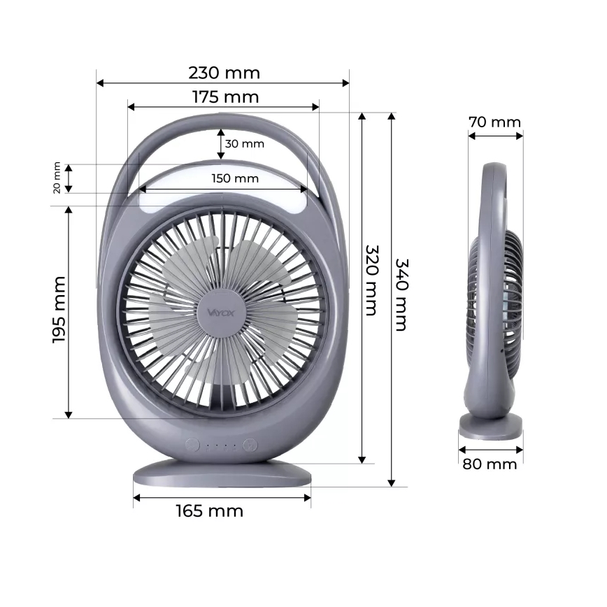 Ladattava LED-pöytätuuletin LED-valaistuksella LED/2,8W/5V USB 2400 mAh harmaa