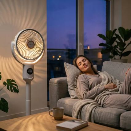 Ladattava LED-jalustatuuletin LED-valaistuksella LED/4,8W/5V USB 7200 mAh valkoinen + kaukosäädin