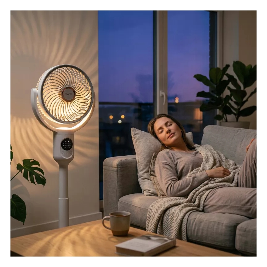Ladattava LED-jalustatuuletin LED-valaistuksella LED/4,8W/5V USB 7200 mAh valkoinen + kaukosäädin