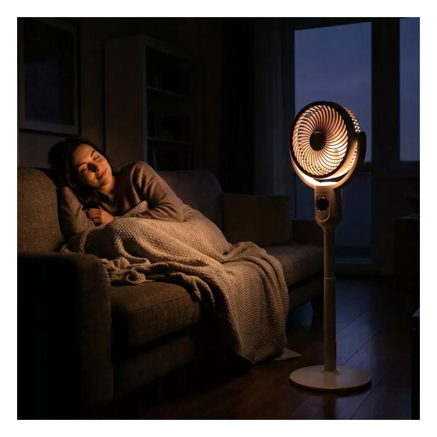 Ladattava LED-jalustatuuletin LED-valaistuksella LED/4,8W/5V USB 7200 mAh valkoinen + kaukosäädin
