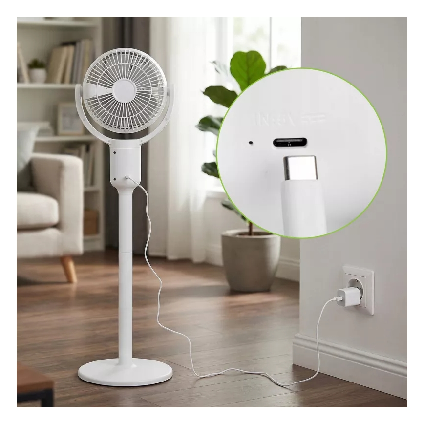 Ladattava LED-jalustatuuletin LED-valaistuksella LED/4,8W/5V USB 7200 mAh valkoinen + kaukosäädin