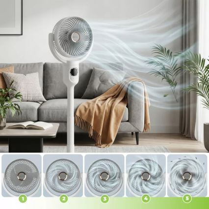 Ladattava LED-jalustatuuletin LED-valaistuksella LED/4,8W/5V USB 7200 mAh valkoinen + kaukosäädin