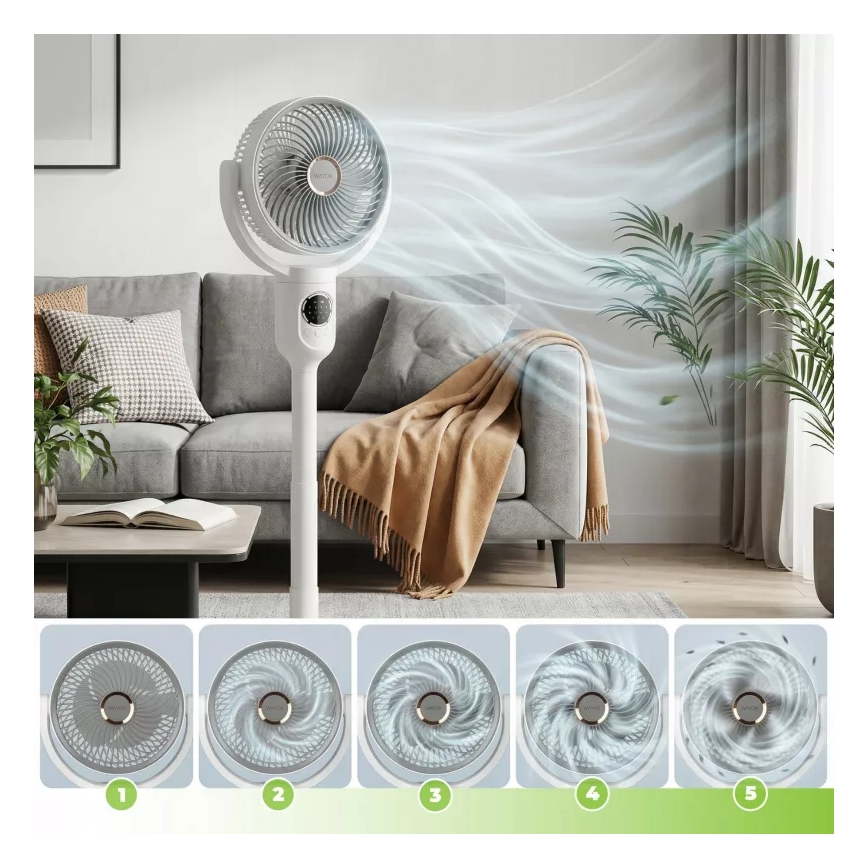 Ladattava LED-jalustatuuletin LED-valaistuksella LED/4,8W/5V USB 7200 mAh valkoinen + kaukosäädin