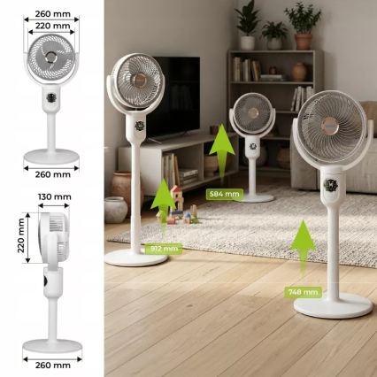 Ladattava LED-jalustatuuletin LED-valaistuksella LED/4,8W/5V USB 7200 mAh valkoinen + kaukosäädin