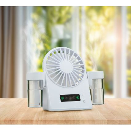 Ladattava pöytätuuletin sumutustehosteella 3,7V 1200 mAh
