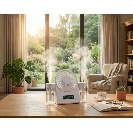 Ladattava pöytätuuletin sumutustehosteella 3,7V 1200 mAh