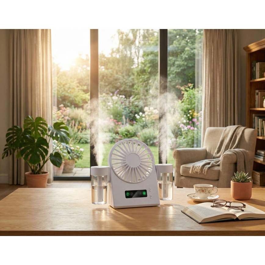 Ladattava pöytätuuletin sumutustehosteella 3,7V 1200 mAh