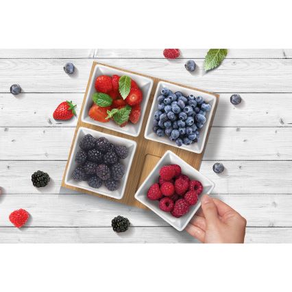 Lamart - 4 kpl posliinikulhoja 19x19 cm + puinen tarjotin