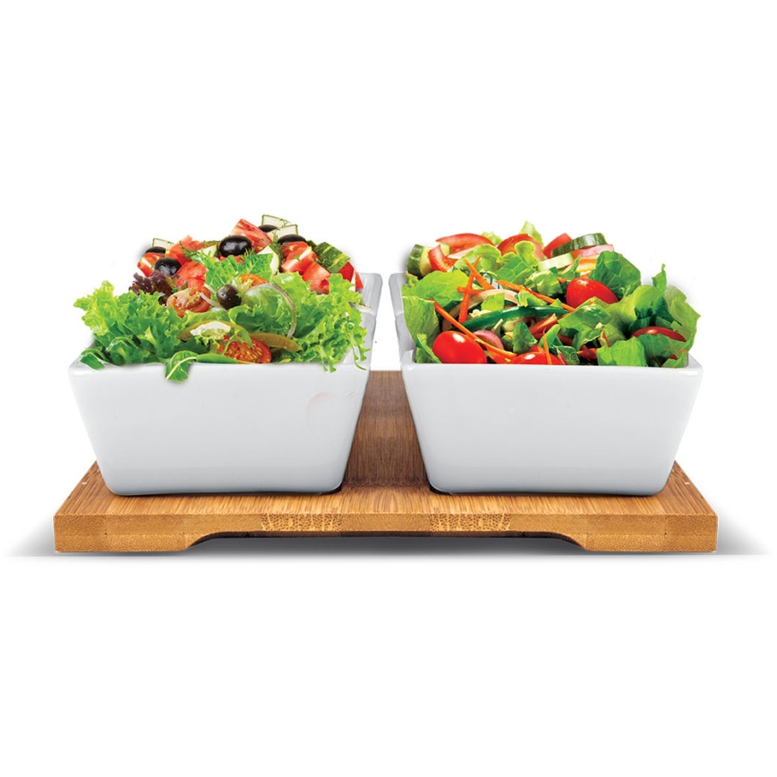 Lamart - 4 kpl posliinikulhoja 19x19 cm + puinen tarjotin