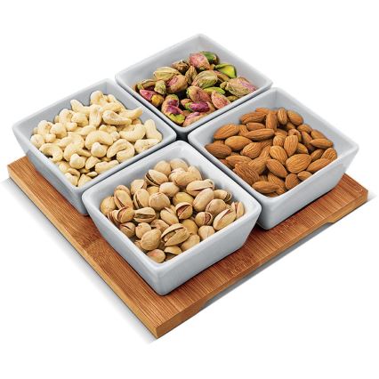 Lamart - 4 kpl posliinikulhoja 19x19 cm + puinen tarjotin