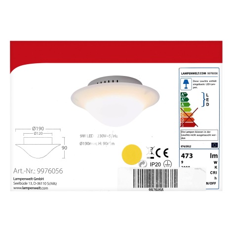 Lampenwelt - LED-kattovalaisin LED/9W/230V
