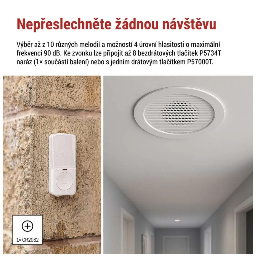 Langaton upotettava ovikello 230 V + 1 x CR2032, valkoinen