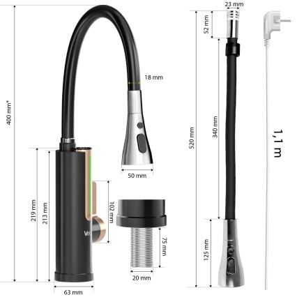 Läpivirtauslämmitin LED-näytöllä 3000W/230V IPX4, musta