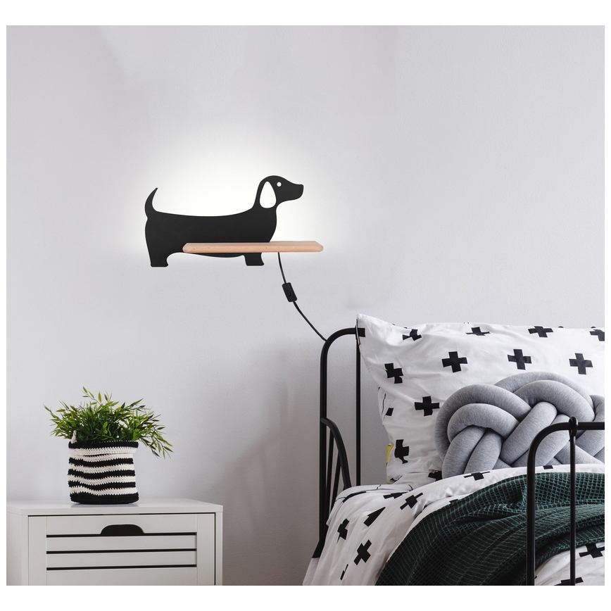 Lasten LED-seinävalaisin hyllyllä DOG LED/5W/230V musta/puu