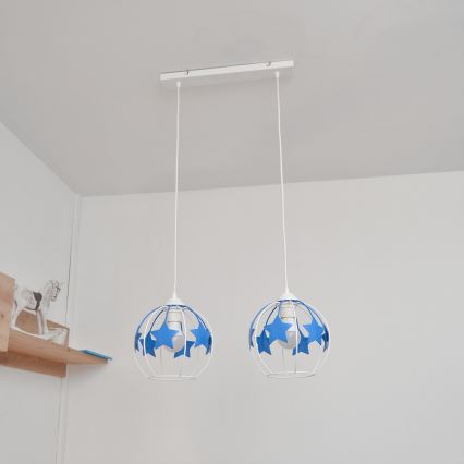 Lasten riipuskattokruunu johdossa STARS 2xE27/15W/230V sininen/valkoinen