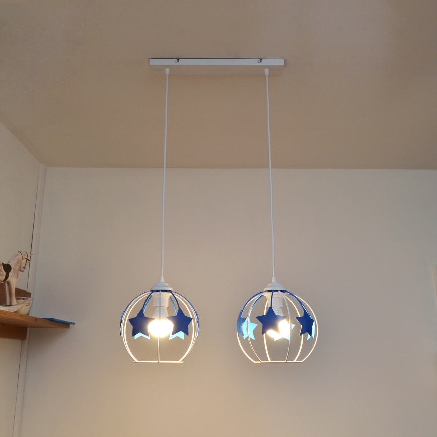 Lasten riipuskattokruunu johdossa STARS 2xE27/15W/230V sininen/valkoinen
