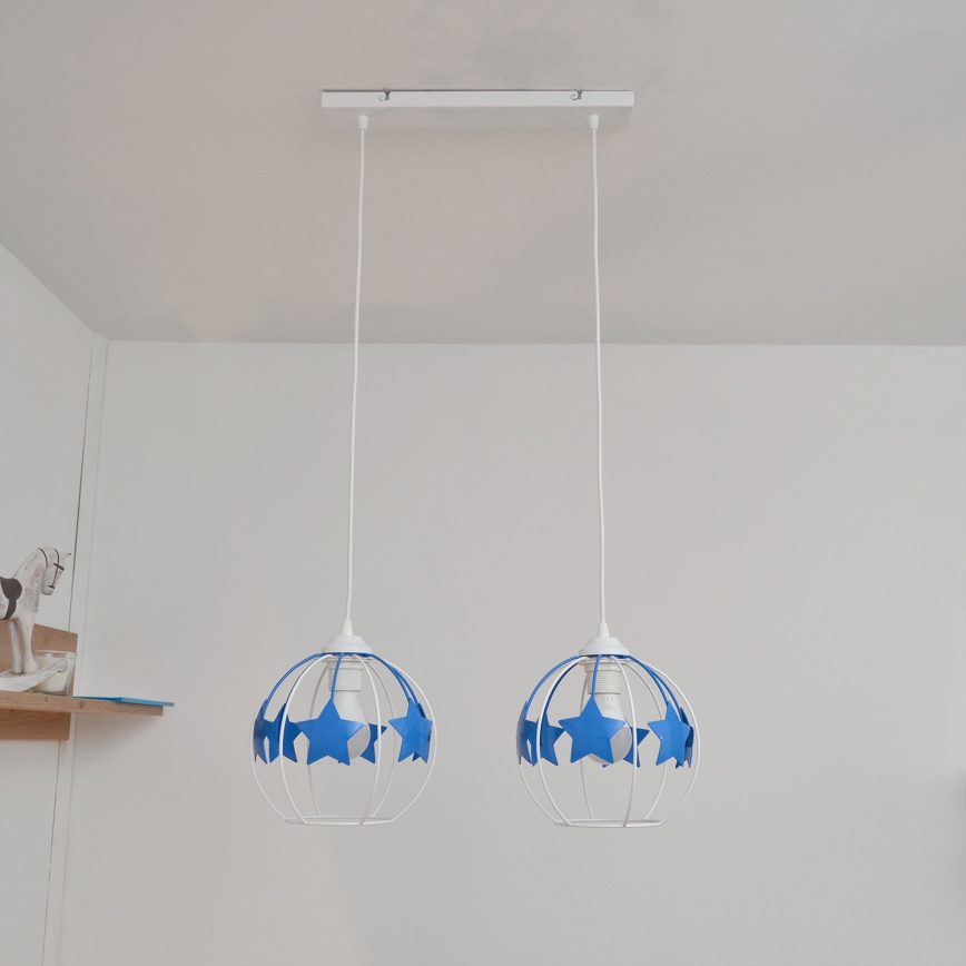 Lasten riipuskattokruunu johdossa STARS 2xE27/15W/230V sininen/valkoinen
