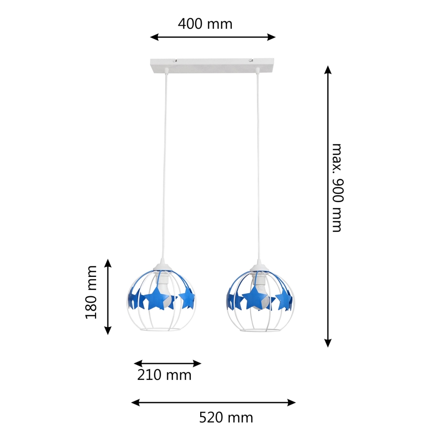 Lasten riipuskattokruunu johdossa STARS 2xE27/15W/230V sininen/valkoinen