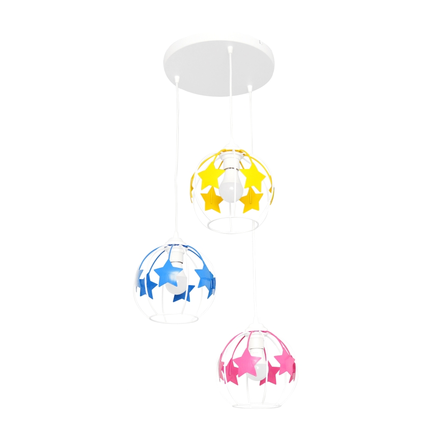 Lasten riipuskattokruunu johdossa STARS 3xE27/15W/230V sininen/vaaleanpunainen/keltainen