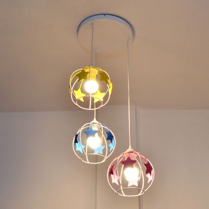 Lasten riipuskattokruunu johdossa STARS 3xE27/15W/230V sininen/vaaleanpunainen/keltainen