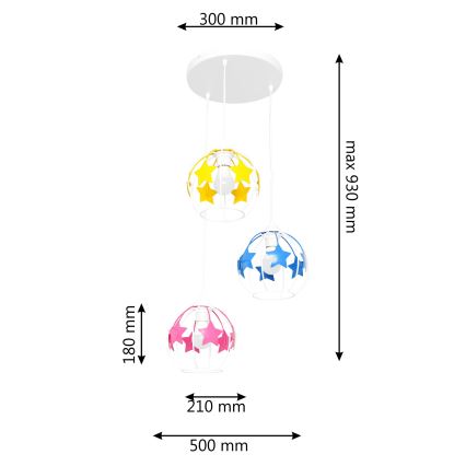 Lasten riipuskattokruunu johdossa STARS 3xE27/15W/230V sininen/vaaleanpunainen/keltainen