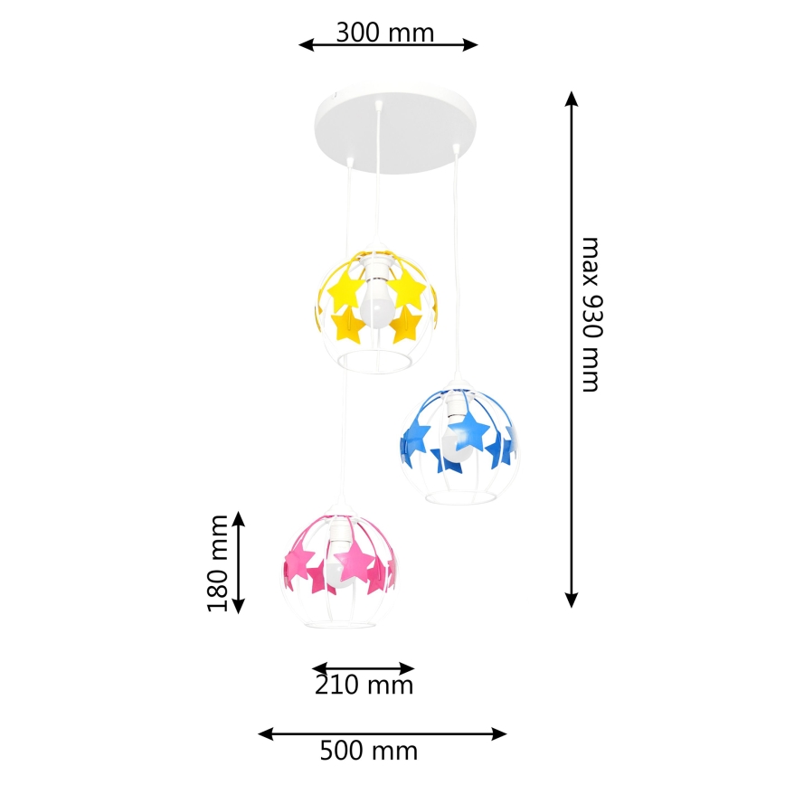 Lasten riipuskattokruunu johdossa STARS 3xE27/15W/230V sininen/vaaleanpunainen/keltainen