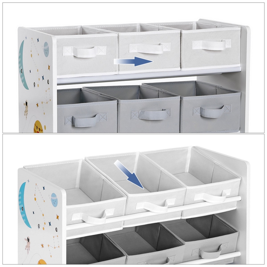 Lasten säilytyshylly kangaslaatikoilla ANET sininen/valkoinen