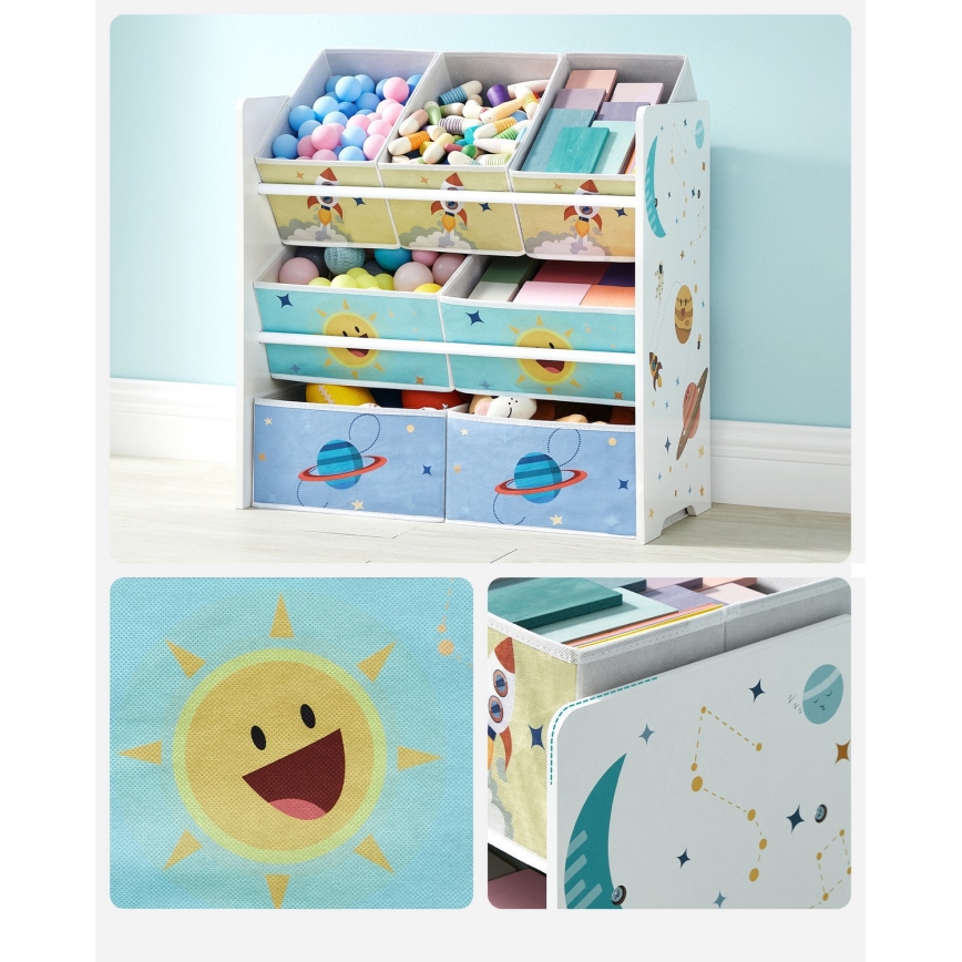 Lasten säilytyshylly kangaslaatikoilla ANET sininen/valkoinen