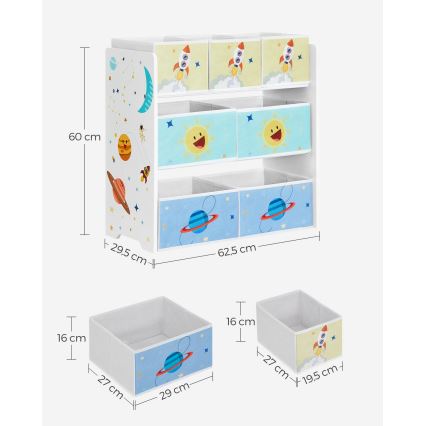 Lasten säilytyshylly kangaslaatikoilla ANET sininen/valkoinen