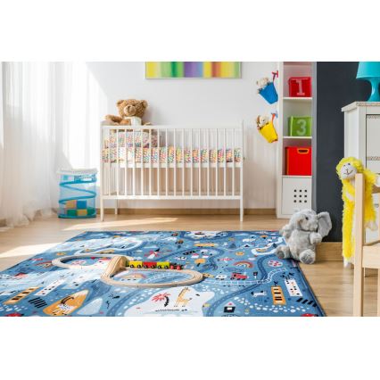 Lastenmatto STELLA STREETS 100x150 cm sininen/kaupunkikuosi