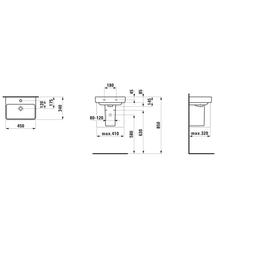 LAUFEN H8159610001041 - Taso- tai seinäkiinnitteinen pesuallas PRO 45x34 cm keramiikka/valkoinen