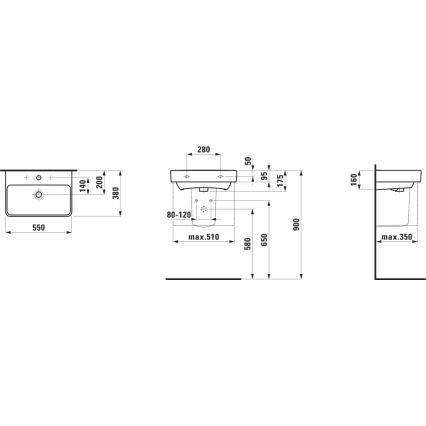 LAUFEN H8189580001041 - PRO-pesuallas, tasoon/seinään asennettava, 55 x 38 cm, keramiikka/valkoinen