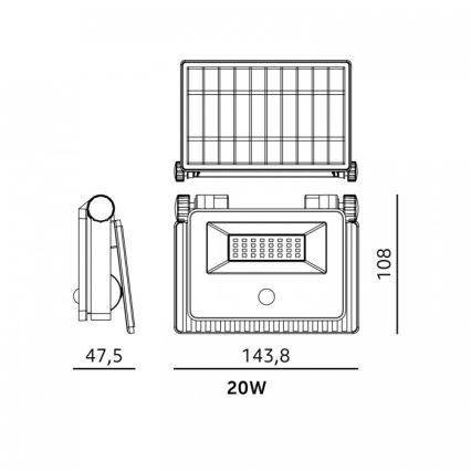 Aurinkokäyttöinen LED-valonheitin anturilla NCS G2 LED/20W/3,7V 3000/4000/6500K IP54 2600 mAh