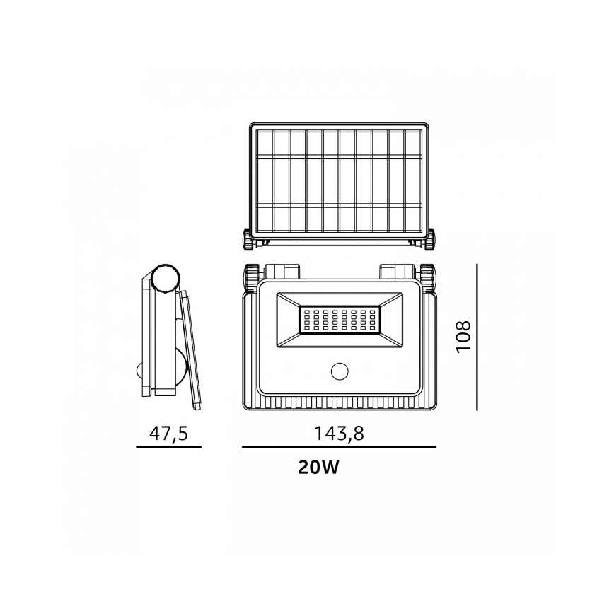 Aurinkokäyttöinen LED-valonheitin anturilla NCS G2 LED/20W/3,7V 3000/4000/6500K IP54 2600 mAh
