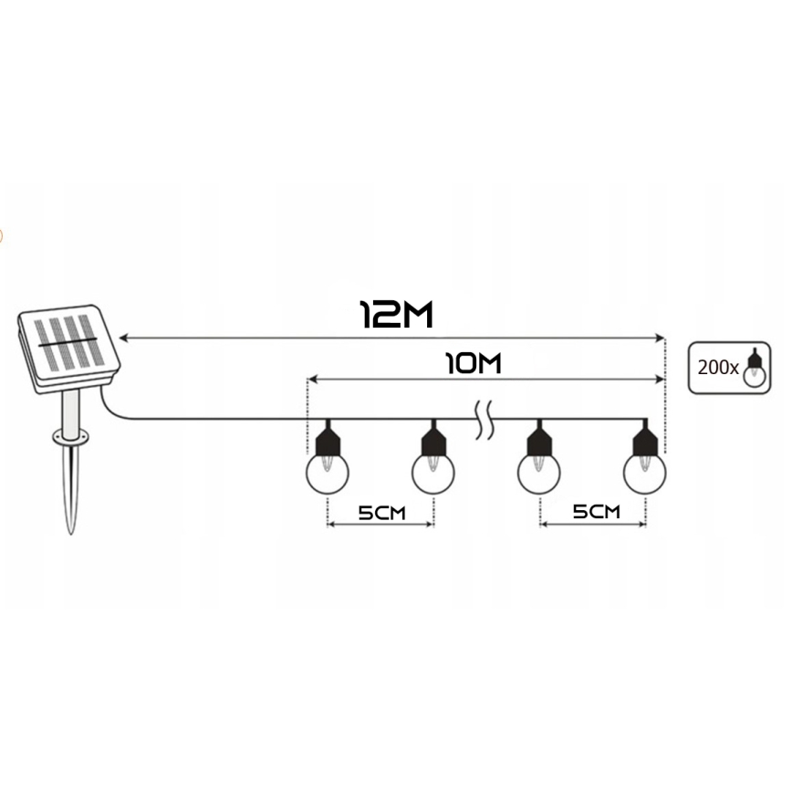 LED-aurinkokäyttöinen koristevaloketju 200xLED/1,2V 800 mAh 12 m IP44 musta