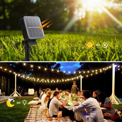 LED-aurinkokäyttöinen koristevalosarja 30 LED/8 toimintoa 500 mAh 10,6 m IP67 lämmin valkoinen