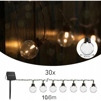 LED-aurinkokäyttöinen koristevalosarja 30 LED/8 toimintoa 500 mAh 10,6 m IP67 lämmin valkoinen