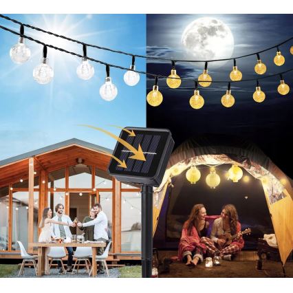 LED-aurinkokäyttöinen koristevalosarja 50xLED/8 toimintoa 500 mAh 9,5 m IP67 lämmin valkoinen