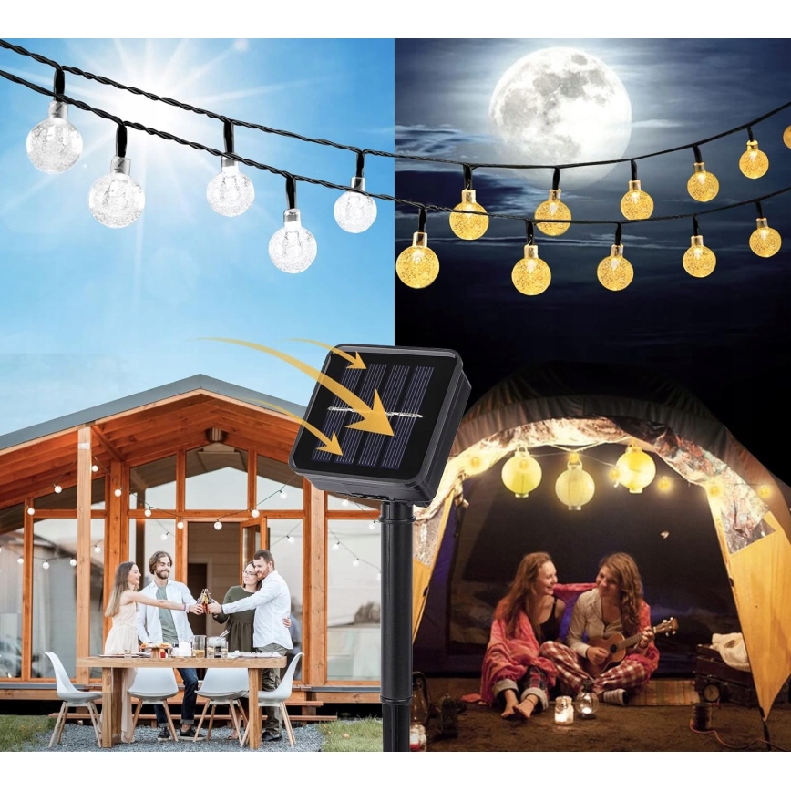LED-aurinkokäyttöinen koristevalosarja 50xLED/8 toimintoa 500 mAh 9,5 m IP67 lämmin valkoinen