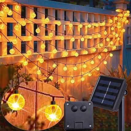 LED-aurinkokäyttöinen koristevalosarja 50xLED/8 toimintoa 500 mAh 9,5 m IP67 lämmin valkoinen