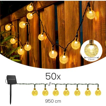 LED-aurinkokäyttöinen koristevalosarja 50xLED/8 toimintoa 500 mAh 9,5 m IP67 lämmin valkoinen