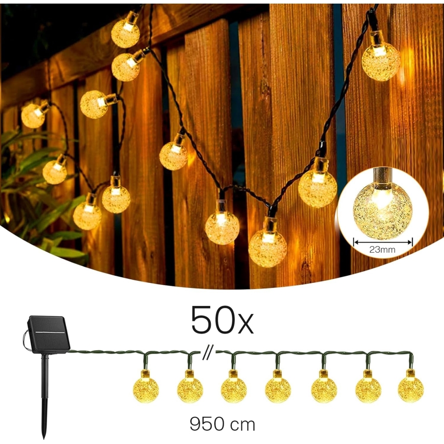 LED-aurinkokäyttöinen koristevalosarja 50xLED/8 toimintoa 500 mAh 9,5 m IP67 lämmin valkoinen