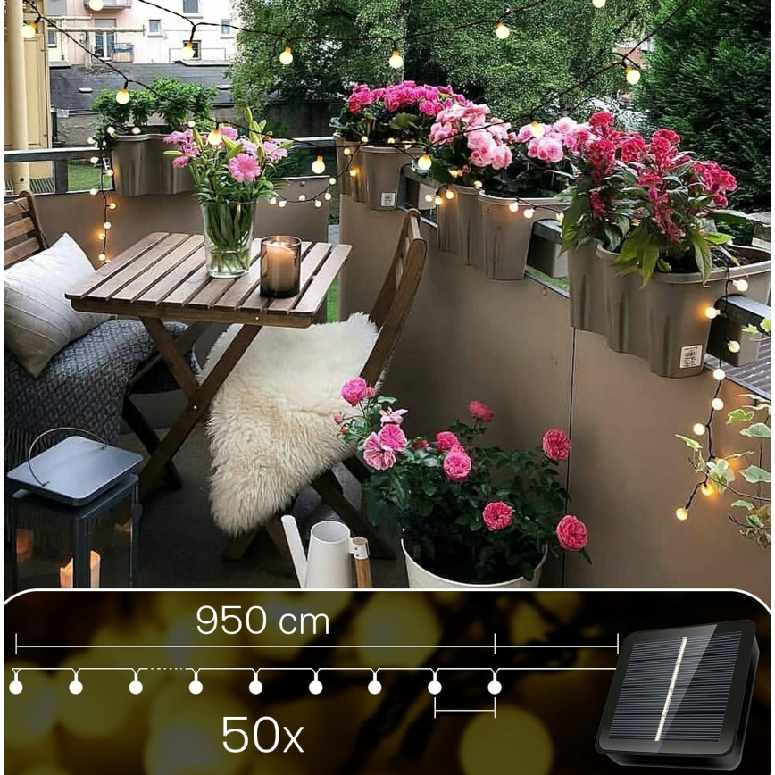LED-aurinkokäyttöinen koristevalosarja 50xLED/8 toimintoa 500 mAh 9,5 m IP67 lämmin valkoinen