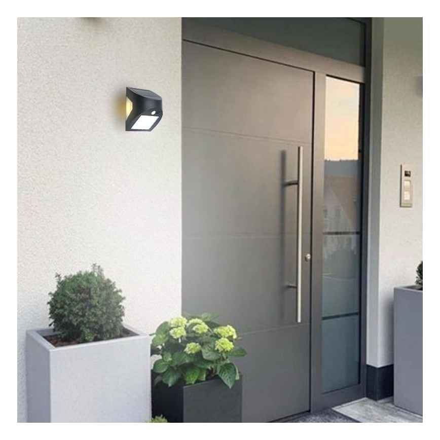 Aurinkokäyttöinen LED-seinävalaisin tunnistimella LED/3W/3,7V 3000/4000K 1200 mAh IP54 musta