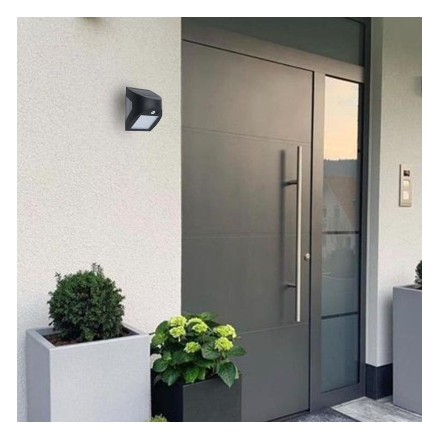 Aurinkokäyttöinen LED-seinävalaisin tunnistimella LED/3W/3,7V 3000/4000K 1200 mAh IP54 musta