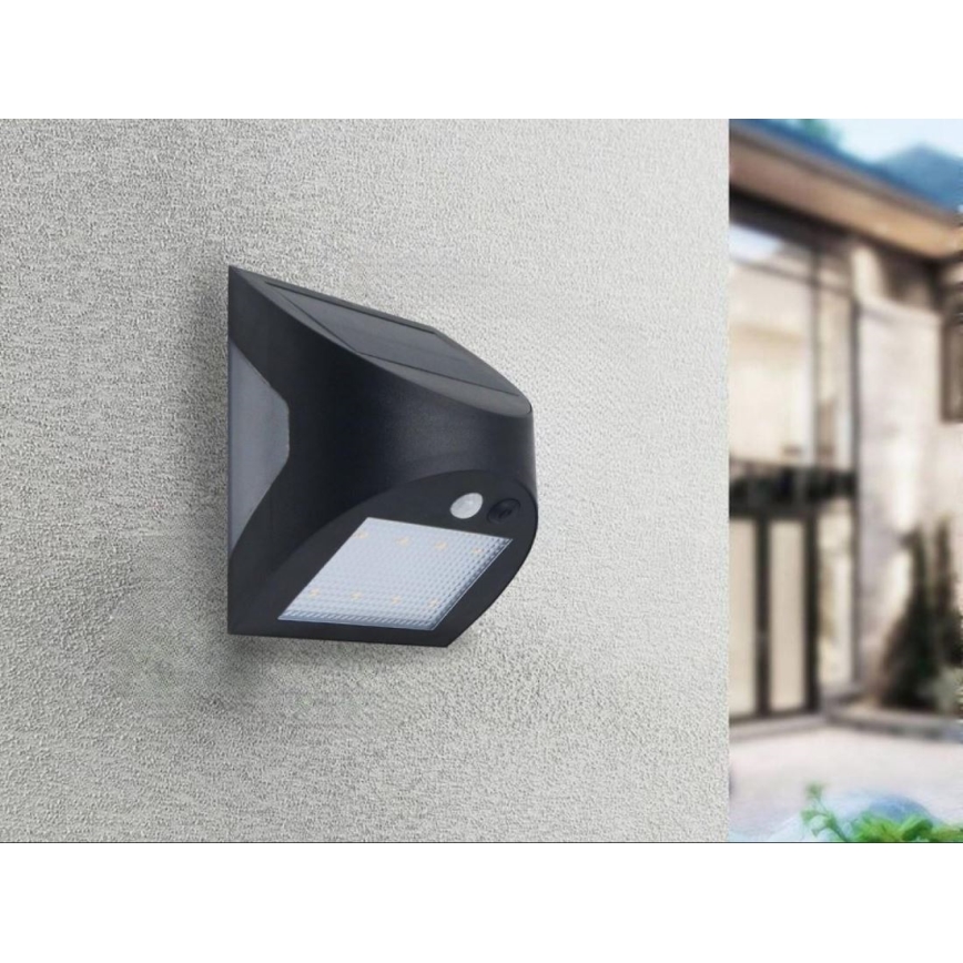 Aurinkokäyttöinen LED-seinävalaisin tunnistimella LED/3W/3,7V 3000/4000K 1200 mAh IP54 musta