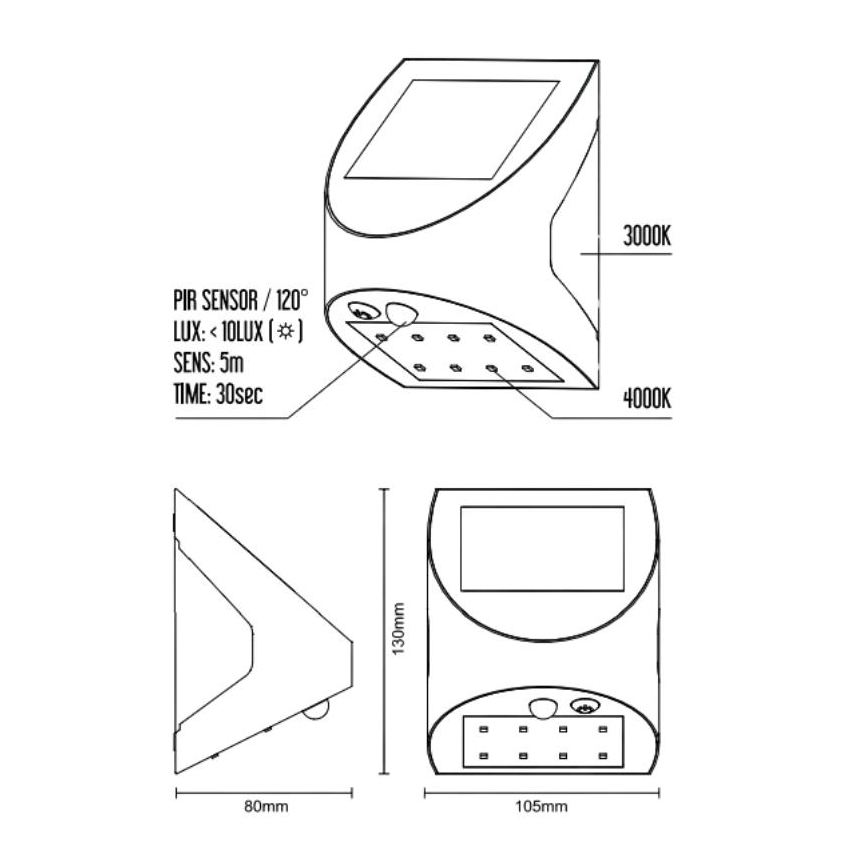Aurinkokäyttöinen LED-seinävalaisin tunnistimella LED/3W/3,7V 3000/4000K 1200 mAh IP54 musta